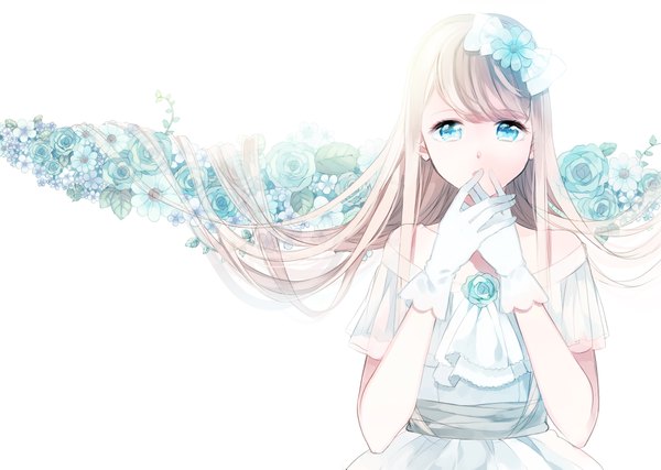 Anime picture 4175x2976 with original maayan single long hair looking at viewer blush highres blue eyes simple background blonde hair white background absurdres hair flower girl dress gloves hair ornament flower (flowers) ribbon (ribbons) white gloves