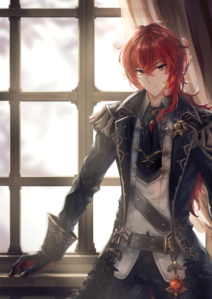 Anime picture 1290x1821 with genshin impact diluc ragnvindr fuyuni0307 single long hair tall image looking at viewer fringe hair between eyes red eyes upper body red hair indoors low ponytail boy gloves black gloves necktie window curtains