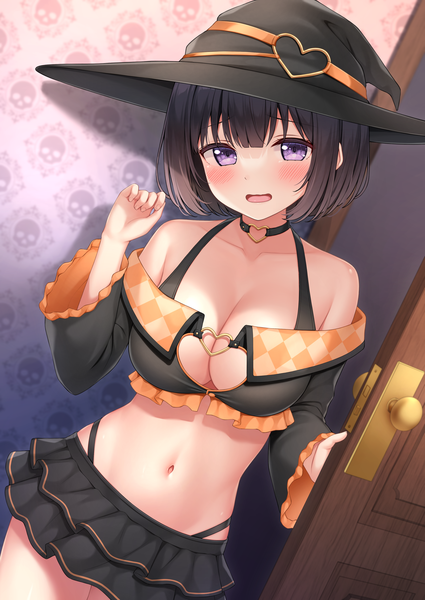 Anime picture 2508x3541 with original inoue yurina karutamo single tall image looking at viewer blush fringe highres short hair breasts open mouth light erotic black hair smile large breasts standing purple eyes indoors head tilt