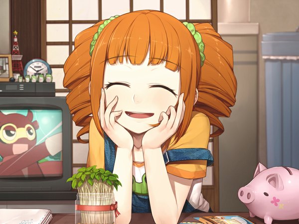 Anime picture 1000x750 with idolmaster takatsuki yayoi hitoto single long hair open mouth smile twintails eyes closed orange hair drill hair girl hair ornament animal scrunchie television pig