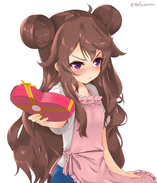 Anime picture 3000x3500 with dragalia lost amane (dragalia lost) mofusannnn single long hair tall image looking at viewer highres simple background brown hair white background purple eyes signed payot hair bun (hair buns) twitter username valentine >:( tsundere girl