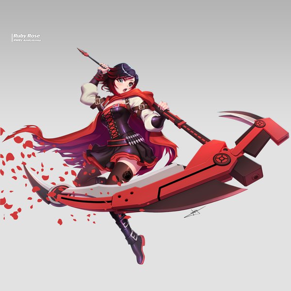 Anime picture 6000x6000 with rwby rooster teeth ruby rose uyalago single looking at viewer highres open mouth black hair simple background signed absurdres full body red hair grey background grey eyes copyright name character names gradient background gradient hair