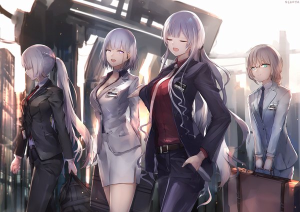 Anime picture 2000x1414 with girls frontline ak-12 (girls frontline) an-94 (girls frontline) rpk-16 (girls frontline) ak-15 (girls frontline) nekoya (liu) long hair looking at viewer fringe highres short hair open mouth smile standing twintails multiple girls holding payot silver hair outdoors