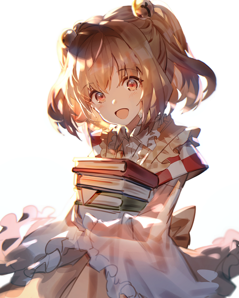 Anime picture 989x1232 with touhou motoori kosuzu uu uu zan single tall image looking at viewer short hair open mouth simple background brown hair white background upper body :d orange eyes two side up hair bell girl book (books) bell jingle bell