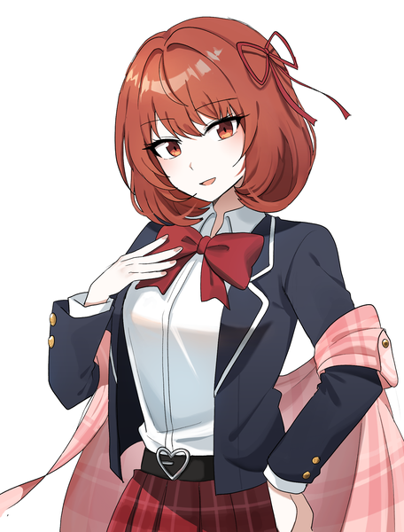 Anime picture 1652x2176 with black survival eternal return: black survival tran quynh mai lix single tall image looking at viewer blush fringe short hair open mouth simple background red eyes white background upper body red hair long sleeves pleated skirt arm up open clothes