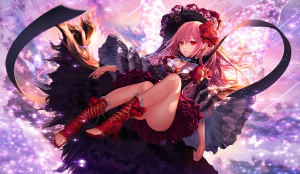 Anime picture 1098x640 with original jname single long hair looking at viewer light erotic red eyes wide image pink hair sky cloud (clouds) hair flower high heels flying fantasy insect wings butterfly wings girl dress hair ornament