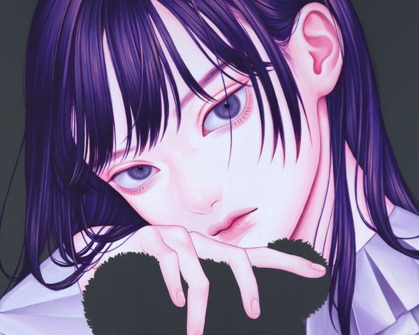 Anime picture 2048x1638 with original konno mayumi single long hair looking at viewer fringe highres purple eyes purple hair head tilt fingernails lips realistic grey background portrait dark background traditional media girl toy stuffed animal