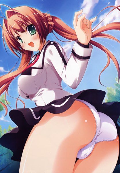 Anime picture 4186x6018 with single tall image highres open mouth light erotic twintails green eyes pink hair absurdres ass pantyshot girl underwear panties serafuku