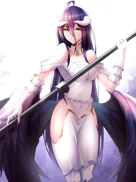 Anime picture 1500x2000 with overlord (maruyama) madhouse albedo (overlord) boa sorte single long hair tall image looking at viewer blush fringe breasts light erotic black hair smile hair between eyes standing bare shoulders holding yellow eyes ahoge