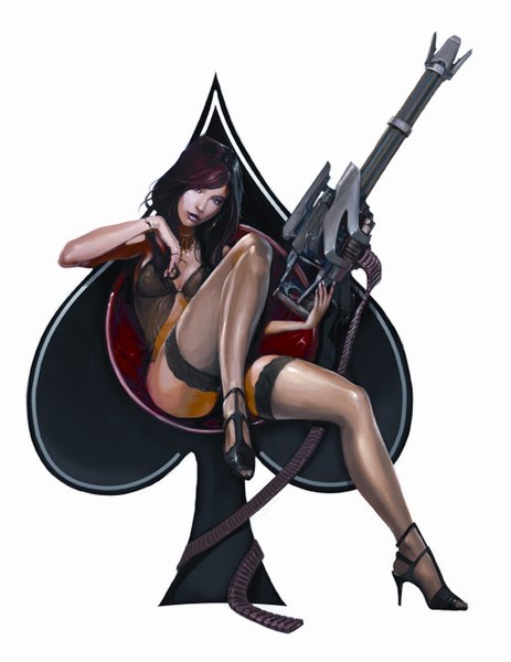 Anime picture 2073x2683 with starcraft blizzard entertainment tagme (artist) single long hair tall image highres light erotic brown hair sitting absurdres lips official art high heels spade girl thighhighs hair ornament weapon earrings