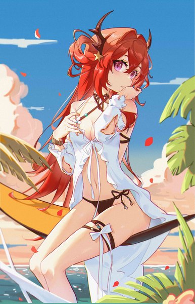 Anime picture 4500x7000 with arknights surtr (arknights) surtr (colorful wonderland) (arknights) mrdaji single long hair tall image fringe highres breasts light erotic hair between eyes sitting purple eyes absurdres sky cloud (clouds) red hair horn (horns) turning head