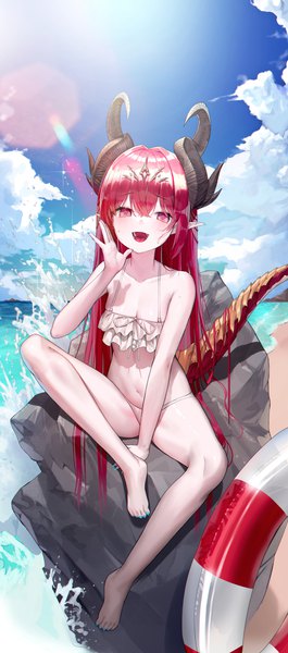 Anime picture 2096x4740 with original yjs0803123 single tall image looking at viewer blush fringe highres breasts open mouth light erotic hair between eyes sitting sky cloud (clouds) full body bent knee (knees) outdoors red hair tail