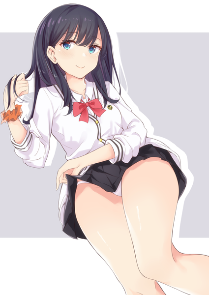 Anime picture 1064x1502 with gridman universe ssss.gridman studio trigger takarada rikka tetora (yumejihuka) single long hair tall image looking at viewer blush fringe blue eyes light erotic black hair simple background hair between eyes pleated skirt grey background dutch angle pantyshot