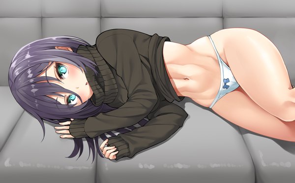 Anime picture 1186x739 with original murata taichi single long hair looking at viewer blush fringe light erotic hair between eyes wide image purple hair lying parted lips aqua eyes sleeves past wrists on side muscle abs girl navel