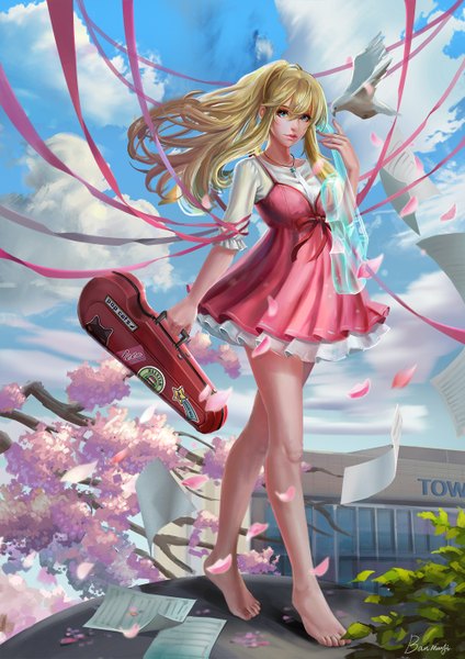 Anime picture 1000x1415 with shigatsu wa kimi no uso a-1 pictures miyazono kaori ban mu yi (banmuyi) long hair tall image fringe blonde hair holding sky cloud (clouds) ponytail barefoot bare legs no shoes cherry blossoms flying girl ribbon (ribbons) plant (plants)