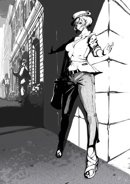 Anime picture 1061x1500 with original tsunekun tall image open clothes open shirt monochrome street girl navel hat bag