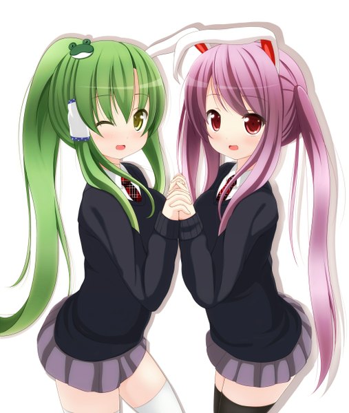 Anime picture 1040x1230 with touhou kochiya sanae reisen udongein inaba chimunge long hair tall image blush open mouth simple background red eyes white background multiple girls yellow eyes purple hair ponytail one eye closed green hair wink bunny ears holding hands