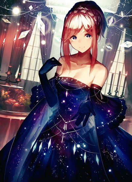 Anime picture 796x1095 with to no mado-shi - teihen mado-shi kara hajimeru shihon-ron - garuku single tall image looking at viewer blush fringe short hair blue eyes standing bare shoulders payot pink hair cleavage indoors head tilt light smile mole mole under eye starry sky print