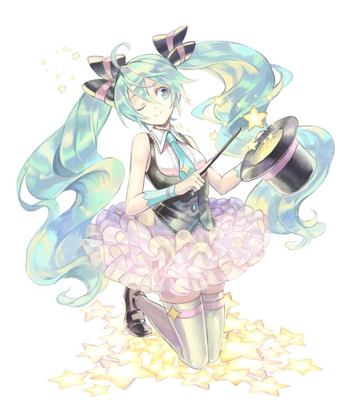 Anime picture 3004x3609 with vocaloid hatsune miku osamu (jagabata) single tall image highres simple background smile white background twintails absurdres very long hair one eye closed aqua eyes wink aqua hair zettai ryouiki kneeling frilly skirt magician