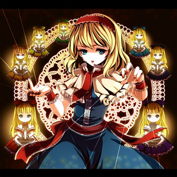 Anime picture 1000x1000 with touhou alice margatroid shanghai awa toka long hair looking at viewer short hair blue eyes blonde hair nail polish red nail polish girl dress bow hair bow hairband candle (candles) doll (dolls) thread