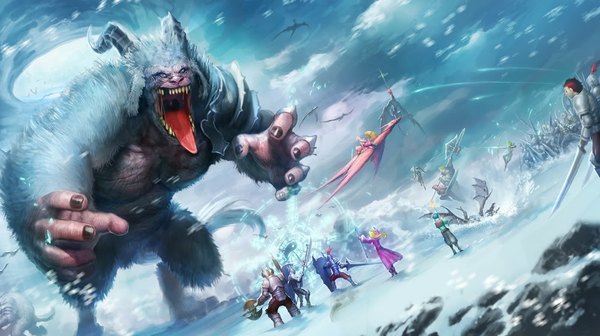 Anime picture 1000x561 with nudtawut thongmai long hair short hair open mouth blonde hair wide image blue hair tail multicolored hair horn (horns) green hair two-tone hair teeth dutch angle snowing snow fantasy sharp teeth girl boy