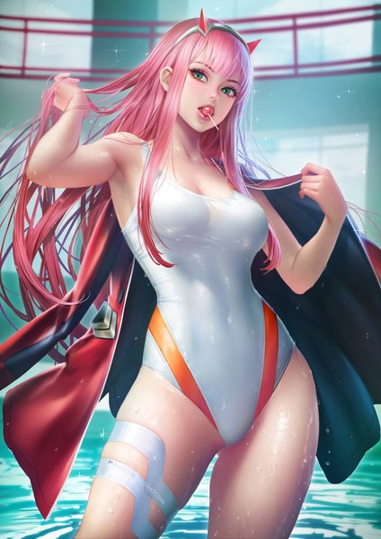Anime picture 2480x3508 with darling in the franxx studio trigger zero two (darling in the franxx) nudtawut thongmai single long hair tall image looking at viewer blush fringe highres breasts light erotic large breasts standing bare shoulders holding green eyes signed payot