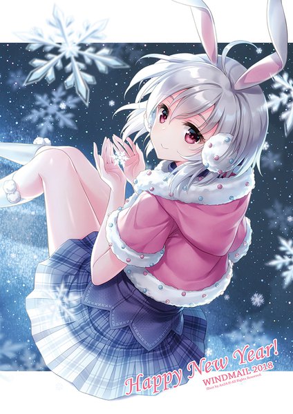 Anime picture 800x1131 with original an2a single tall image looking at viewer fringe short hair smile hair between eyes animal ears silver hair ahoge pink eyes bunny ears plaid skirt new year happy new year 2018 girl skirt
