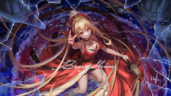 Anime picture 1500x844 with original okuma mai single looking at viewer fringe breasts blonde hair hair between eyes red eyes wide image sitting bare shoulders holding payot cleavage very long hair nail polish arm up from above inscription