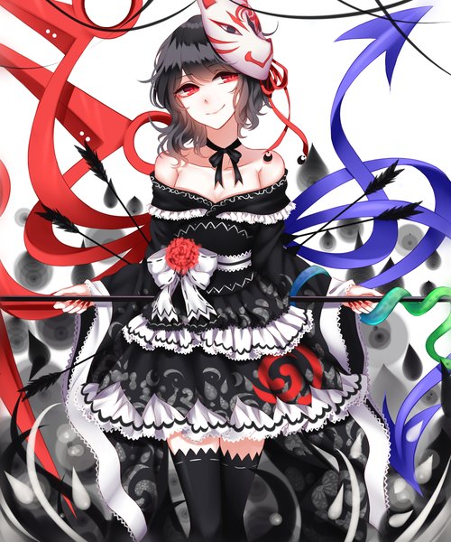 Anime picture 2000x2400 with touhou houjuu nue sheya single tall image looking at viewer highres breasts black hair smile red eyes white background bare shoulders holding long sleeves nail polish traditional clothes japanese clothes off shoulder wide sleeves