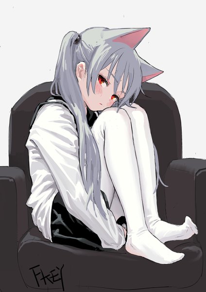 Anime picture 900x1273 with original feiqizi (fkey) fkey single long hair tall image looking at viewer blush fringe simple background hair between eyes red eyes white background sitting twintails signed animal ears payot full body long sleeves