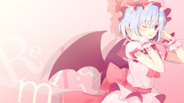 Anime picture 1920x1080 with touhou remilia scarlet 6u (eternal land) single looking at viewer blush highres short hair red eyes wide image blue hair one eye closed wink wallpaper girl dress frills bonnet