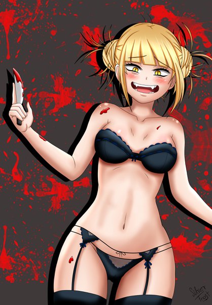 Anime picture 2000x2868 with boku no hero academia studio bones toga himiko frosver single tall image blush fringe highres short hair breasts light erotic simple background blonde hair smile large breasts standing bare shoulders holding signed