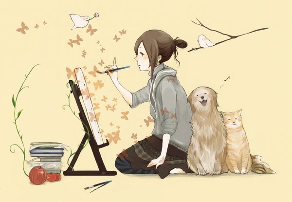 Anime picture 1950x1350 with original pixiv girls collection 2010 coba single blush highres simple background brown hair sitting holding profile painting girl flower (flowers) plant (plants) animal bird (birds) book (books) insect butterfly