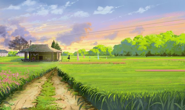 Anime picture 3696x2208 with original xiaopaopao highres wide image absurdres sky cloud (clouds) wind field plant (plants) tree (trees) building (buildings) grass house road