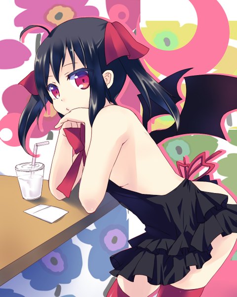 Anime picture 1024x1280 with original gucchiann single long hair tall image black hair red eyes bare shoulders ahoge girl thighhighs dress ribbon (ribbons) hair ribbon wings