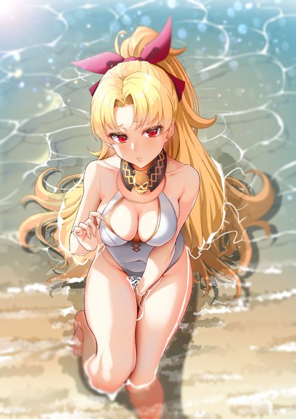 Anime picture 2480x3508 with fate (series) fate/grand order ereshkigal (fate) solar (happymonk) single long hair tall image looking at viewer blush fringe highres breasts light erotic blonde hair red eyes sitting bare shoulders cleavage outdoors ponytail