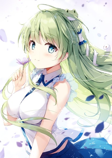 Anime picture 627x886 with touhou kochiya sanae miyase mahiro single long hair tall image looking at viewer blush fringe breasts blue eyes smile large breasts standing white background bare shoulders holding ahoge pleated skirt arm up