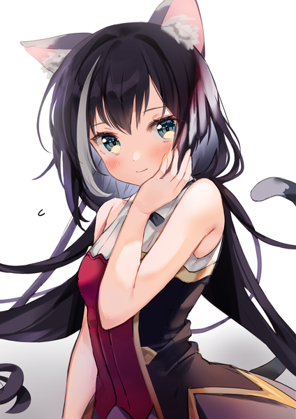 Anime picture 1302x1841 with princess connect! re:dive princess connect! karyl (princess connect!) kanda done single long hair tall image looking at viewer blush blue eyes black hair simple background white background twintails animal ears upper body tail animal tail multicolored hair cat ears