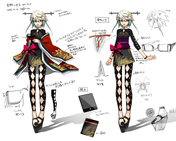 Anime picture 2000x1600 with original ignition (artbook) hoshino shizuru (redjuice) redjuice highres blonde hair red eyes white hair traditional clothes japanese clothes dual persona albino character sheet girl thighhighs glasses shoes obi
