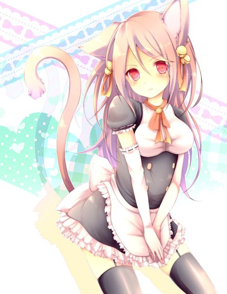 Anime picture 774x1000 with original chita (ketchup) single long hair tall image blush fringe hair between eyes red eyes white background animal ears pink hair tail head tilt animal tail cat ears maid cat tail hands clasped hair bell