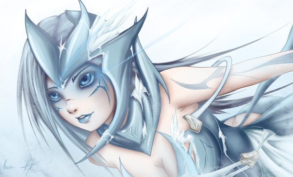 Anime picture 3300x2000 with league of legends anivia (league of legends) zackargunov single long hair highres breasts blue eyes light erotic wide image cleavage ass lips grey hair sleeveless girl dress