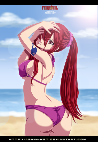 Anime picture 1500x2165 with fairy tail erza scarlet iitheluciferii single long hair tall image fringe breasts light erotic large breasts brown eyes sky cloud (clouds) ass ponytail red hair looking back hair over one eye inscription tattoo