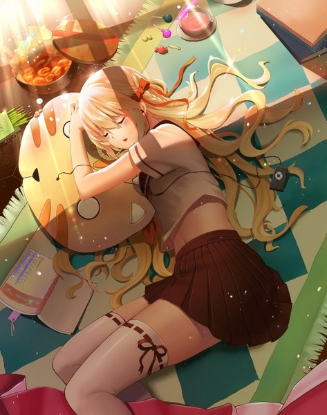 Anime picture 1103x1400 with original catcan single long hair tall image blush open mouth blonde hair lying eyes closed sleeping girl thighhighs skirt uniform bow hair bow white thighhighs serafuku food
