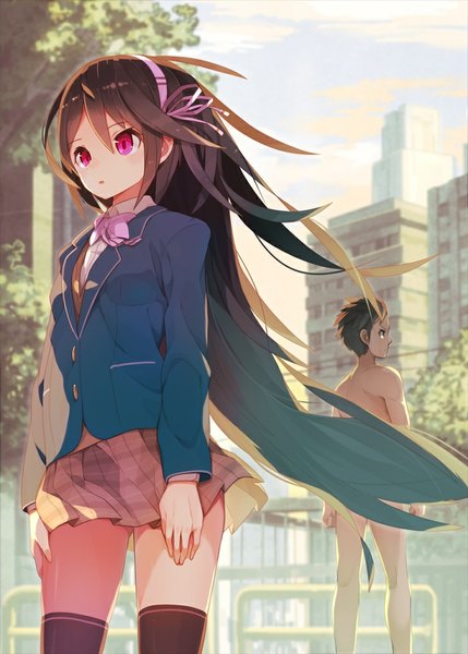Anime picture 732x1024 with tokyo ziggurat tomioka jirou tall image short hair light erotic brown hair standing bare shoulders sky cloud (clouds) very long hair pleated skirt pink eyes wind from behind sunlight official art bare legs hand on hip plaid skirt