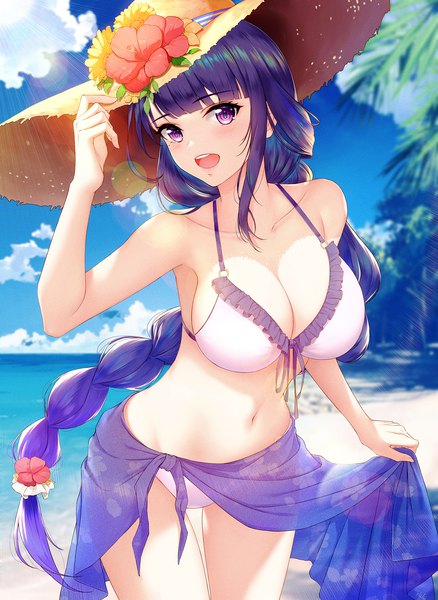 Anime picture 1315x1800 with genshin impact raiden shogun liu guniang single long hair tall image looking at viewer blush fringe breasts open mouth light erotic smile large breasts standing purple eyes sky cleavage purple hair cloud (clouds)