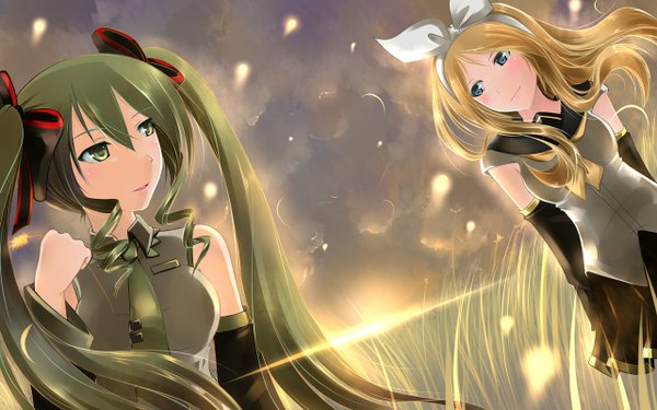 Anime picture 1280x800 with vocaloid hatsune miku kagamine rin catstudioinc (punepuni) long hair blush blue eyes blonde hair wide image twintails multiple girls green eyes green hair evening sunset future style (module) girl bow 2 girls hair bow