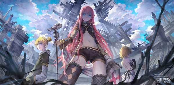 Anime picture 1844x898 with vocaloid megurine luka kagamine rin kagamine len zxq long hair looking at viewer fringe highres short hair blonde hair smile wide image standing bare shoulders multiple girls pink hair sky cloud (clouds) ahoge