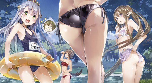 Anime picture 1536x845 with outbreak company feel (studio) myucel foalan petralka anne eldant iii elbia hernaiman koganuma minori yuugen long hair blush fringe open mouth light erotic brown hair wide image purple eyes multiple girls green eyes looking away silver hair ass