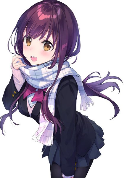 Anime picture 715x1000 with original rimo single long hair tall image looking at viewer blush fringe breasts open mouth simple background hair between eyes standing white background brown eyes purple hair long sleeves pleated skirt arm up floating hair