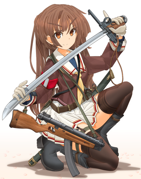 Anime picture 1290x1630 with original mikeran (mikelan) single long hair tall image looking at viewer fringe simple background smile brown hair white background holding brown eyes payot full body bent knee (knees) pleated skirt shadow squat >:)